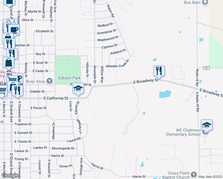 map of restaurants, bars, coffee shops, grocery stores, and more near 2310 East California Street in Gainesville