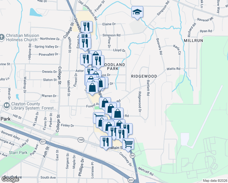 map of restaurants, bars, coffee shops, grocery stores, and more near 1131 Delores Way in Forest Park