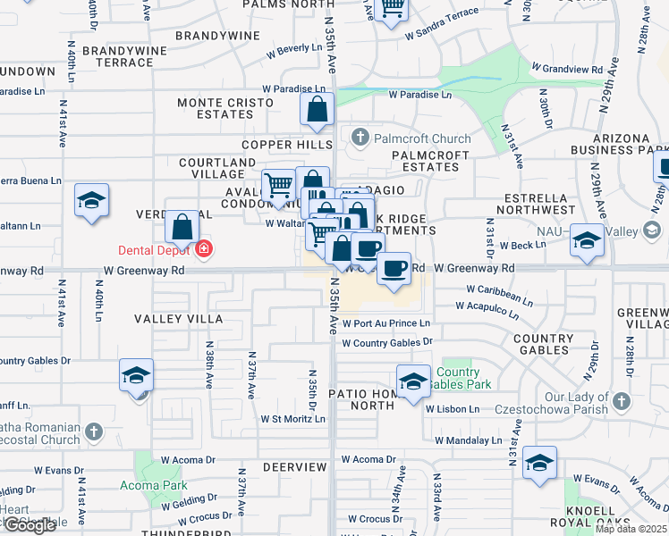 map of restaurants, bars, coffee shops, grocery stores, and more near N 35th Ave & W Greenway Rd in Phoenix