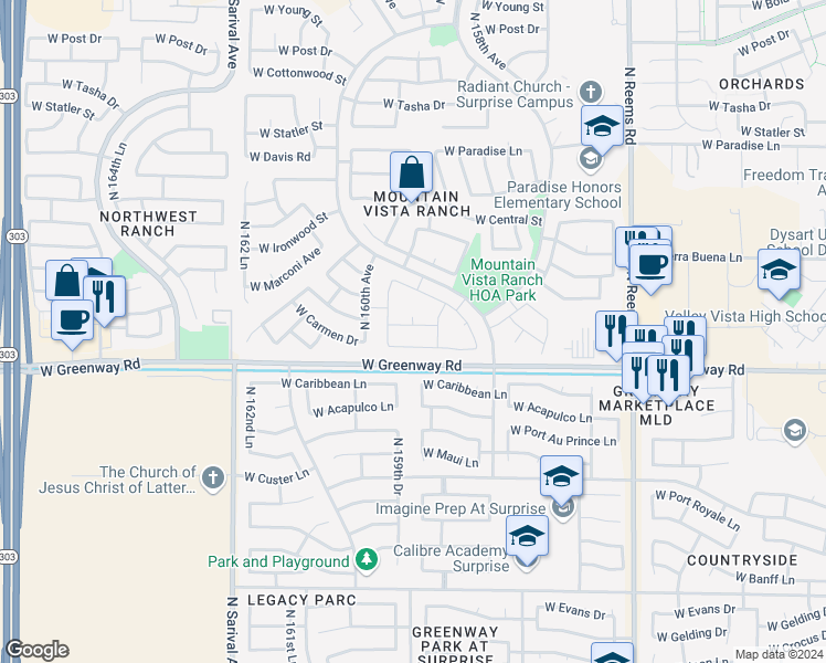map of restaurants, bars, coffee shops, grocery stores, and more near 15905 West Saguaro Lane in Surprise