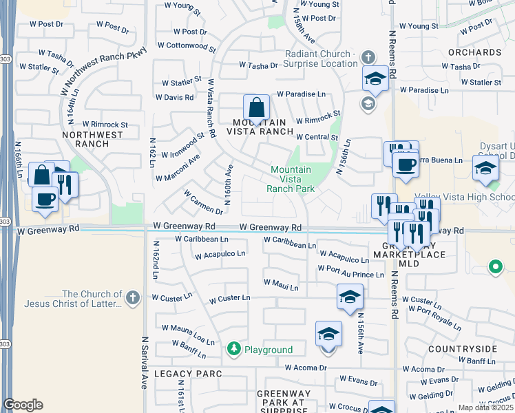 map of restaurants, bars, coffee shops, grocery stores, and more near 15905 West Saguaro Lane in Surprise