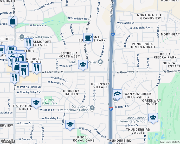map of restaurants, bars, coffee shops, grocery stores, and more near West Greenway Road & North 29th Avenue in Phoenix
