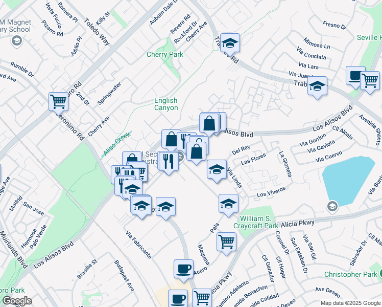 map of restaurants, bars, coffee shops, grocery stores, and more near 23228 Madero in Mission Viejo