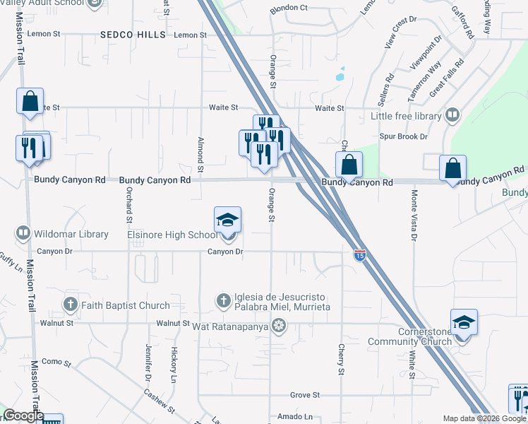 map of restaurants, bars, coffee shops, grocery stores, and more near 34125 Orange Street in Wildomar