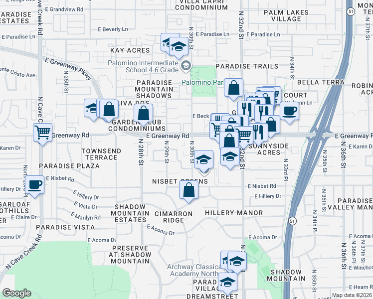 map of restaurants, bars, coffee shops, grocery stores, and more near 15127 North 29th Place in Phoenix