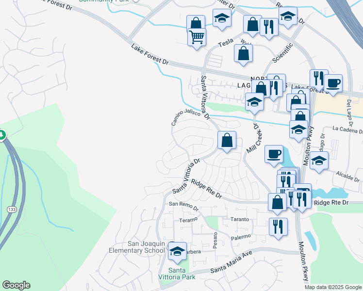map of restaurants, bars, coffee shops, grocery stores, and more near 22222 Caminito Mescalero in Laguna Hills