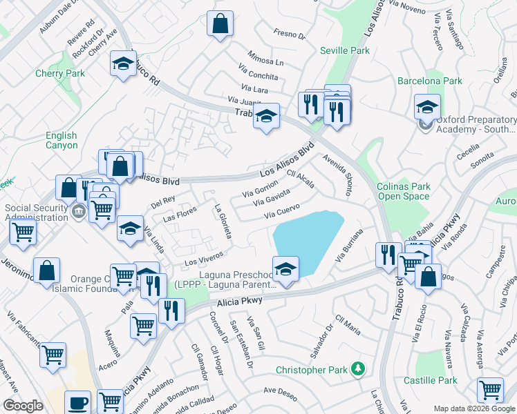 map of restaurants, bars, coffee shops, grocery stores, and more near 26432 Vía Gaviota in Mission Viejo