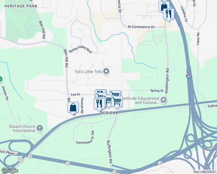 map of restaurants, bars, coffee shops, grocery stores, and more near 4685 Towanda Circle in College Park