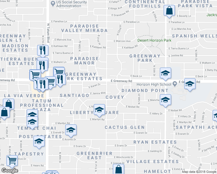 map of restaurants, bars, coffee shops, grocery stores, and more near 5201 East Karen Drive in Scottsdale