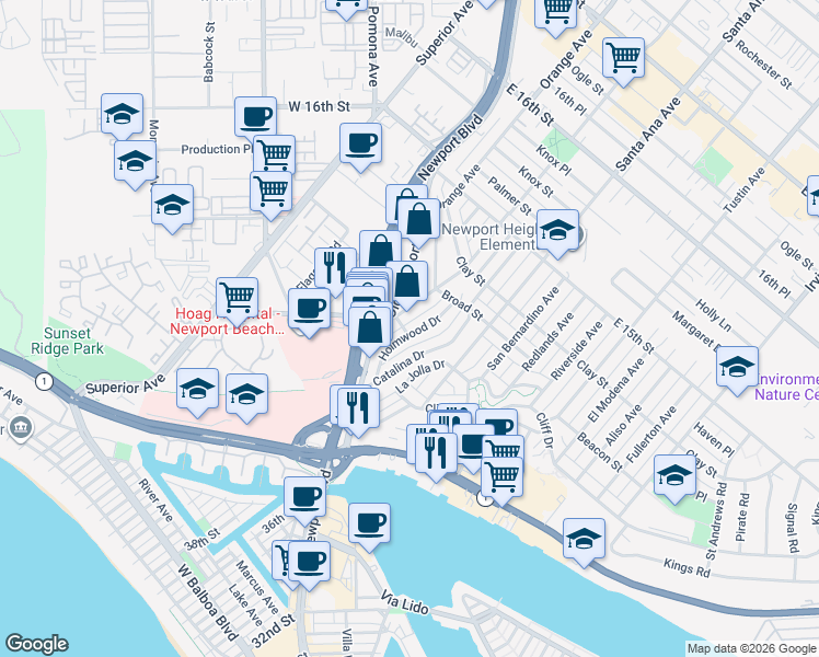 map of restaurants, bars, coffee shops, grocery stores, and more near 401 Holmwood Drive in Newport Beach