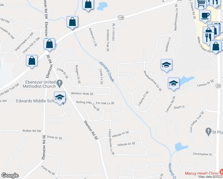 map of restaurants, bars, coffee shops, grocery stores, and more near 401 Stanton Ridge Way Southeast in Conyers