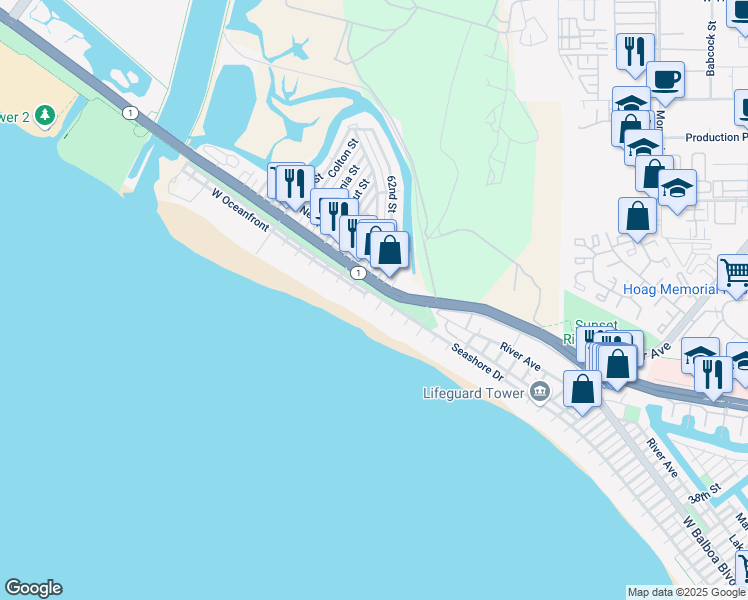 map of restaurants, bars, coffee shops, grocery stores, and more near 6005 Seashore Drive in Newport Beach