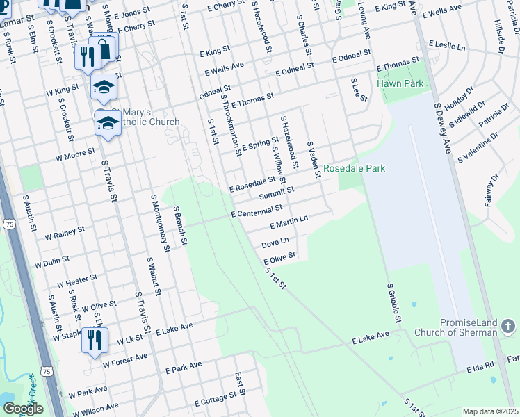 map of restaurants, bars, coffee shops, grocery stores, and more near 709 East Centennial Street in Sherman