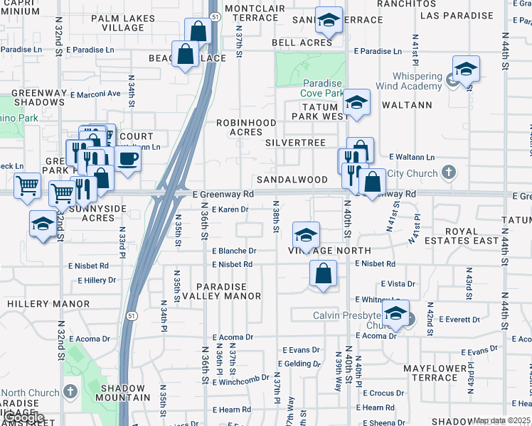map of restaurants, bars, coffee shops, grocery stores, and more near 3755 East Karen Drive in Phoenix