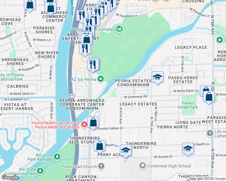 map of restaurants, bars, coffee shops, grocery stores, and more near 15502 North Hidden Valley Lane in Peoria