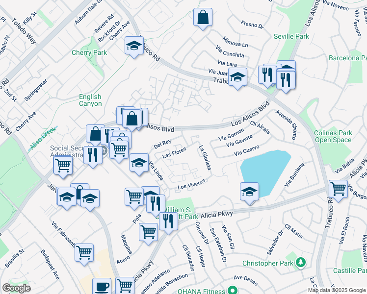 map of restaurants, bars, coffee shops, grocery stores, and more near 26191 Las Flores in Mission Viejo