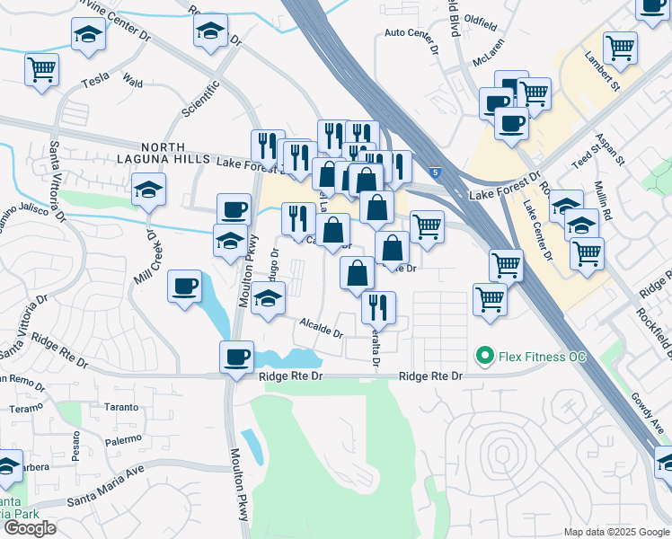 map of restaurants, bars, coffee shops, grocery stores, and more near 23190 Del Lago Drive in Laguna Hills