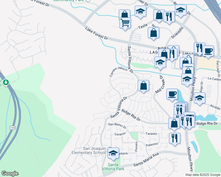 map of restaurants, bars, coffee shops, grocery stores, and more near 22197 Caminito Laureles in Laguna Hills