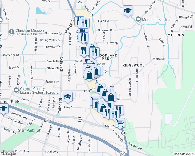 map of restaurants, bars, coffee shops, grocery stores, and more near 4738 Jonesboro Road in Forest Park