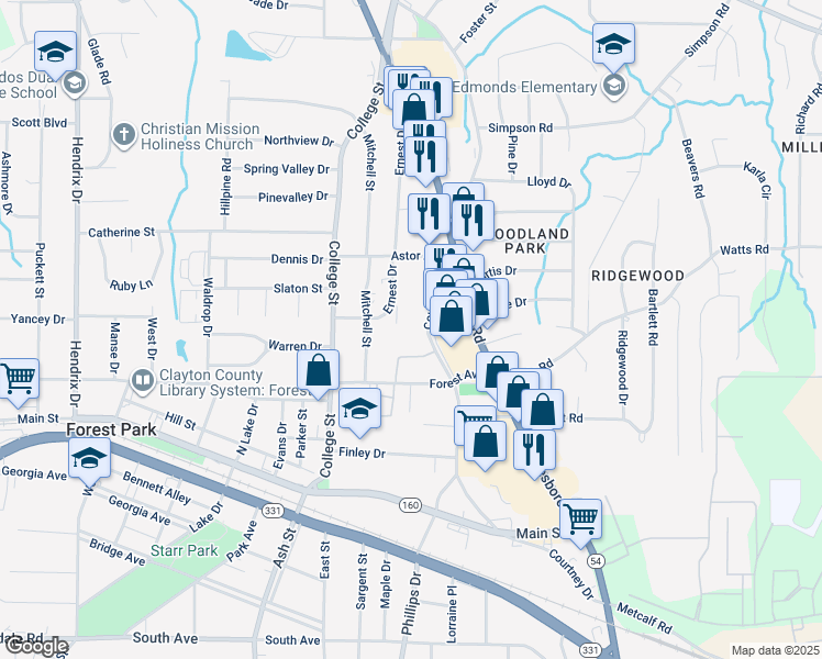 map of restaurants, bars, coffee shops, grocery stores, and more near 4685 Courtney Drive in Forest Park