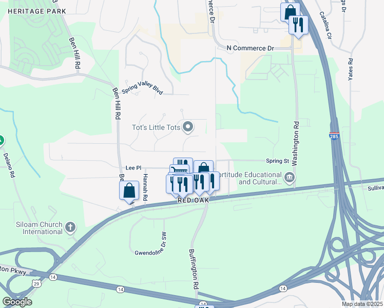 map of restaurants, bars, coffee shops, grocery stores, and more near 4685 Towanda Circle in College Park
