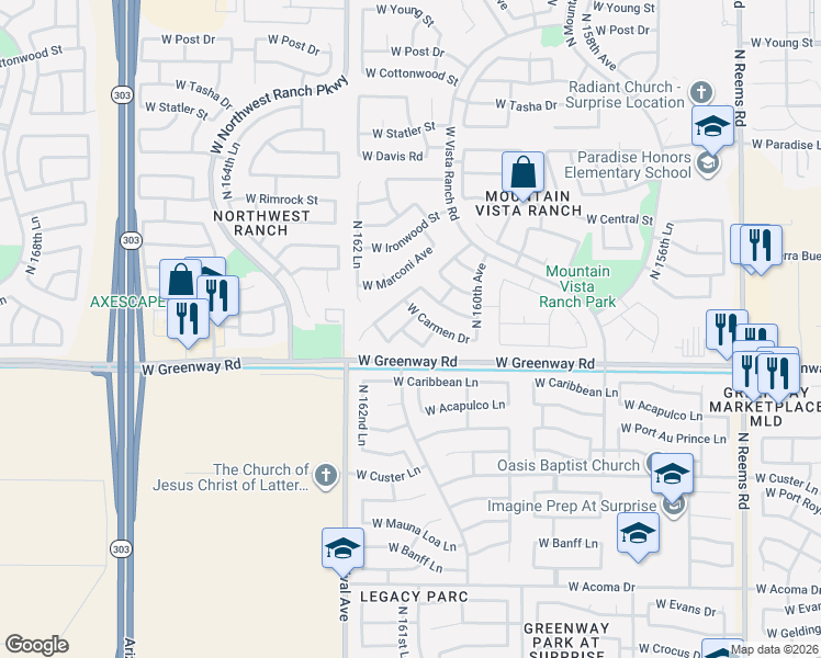map of restaurants, bars, coffee shops, grocery stores, and more near 16060 West Desert Lane in Surprise