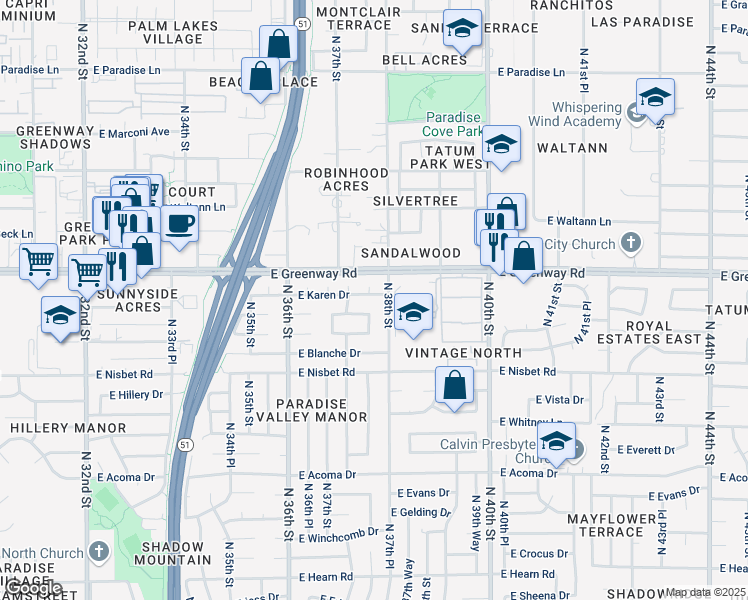 map of restaurants, bars, coffee shops, grocery stores, and more near 3755 East Karen Drive in Phoenix