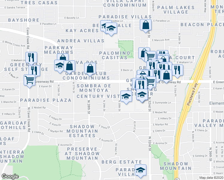 map of restaurants, bars, coffee shops, grocery stores, and more near 15127 North 29th Place in Phoenix