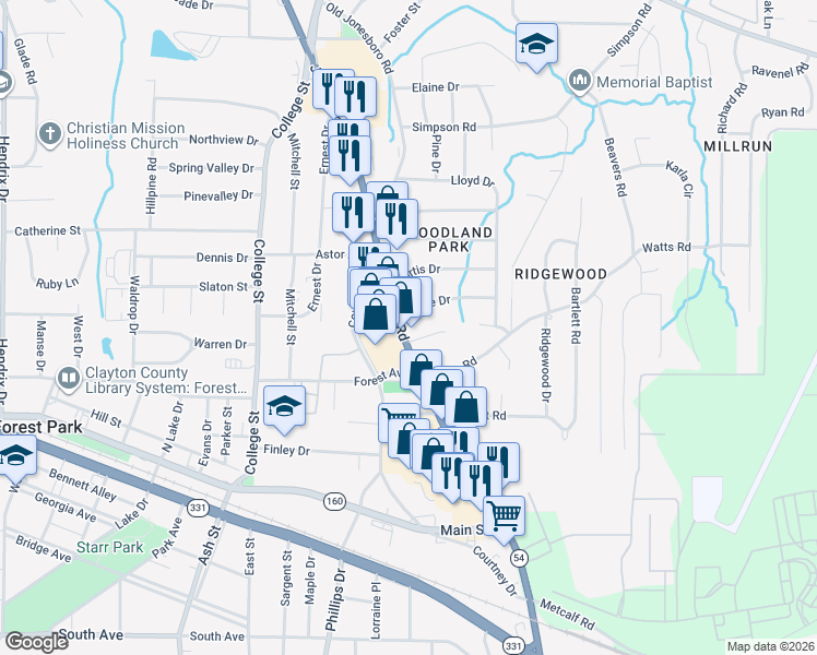 map of restaurants, bars, coffee shops, grocery stores, and more near 4738 Jonesboro Road in Forest Park