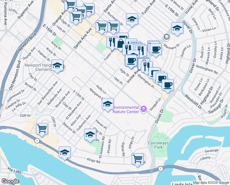 map of restaurants, bars, coffee shops, grocery stores, and more near 2206 Laurel Place in Newport Beach
