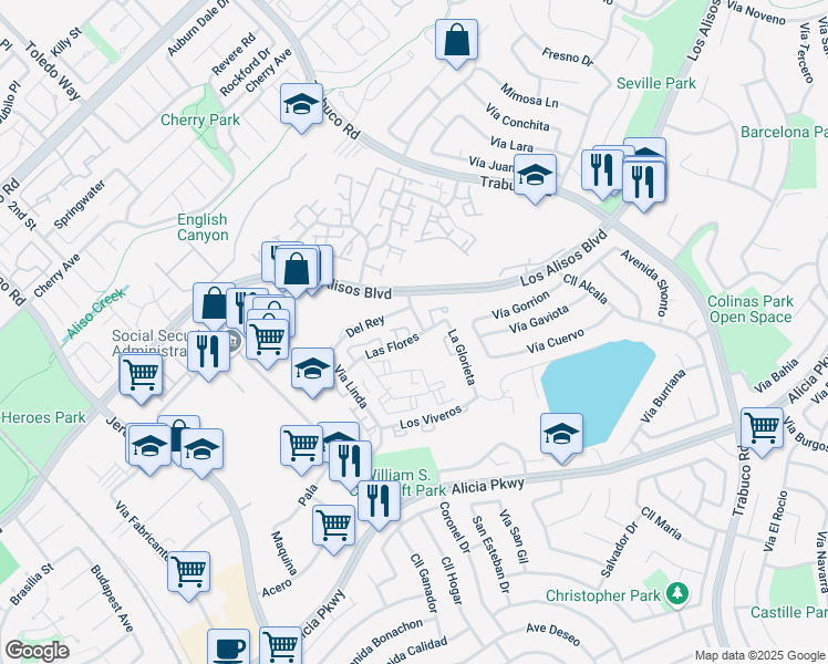 map of restaurants, bars, coffee shops, grocery stores, and more near 26191 Las Flores in Mission Viejo