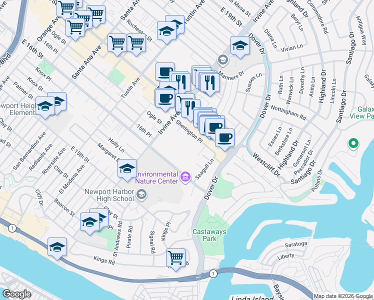 map of restaurants, bars, coffee shops, grocery stores, and more near 880 Irvine Avenue in Newport Beach