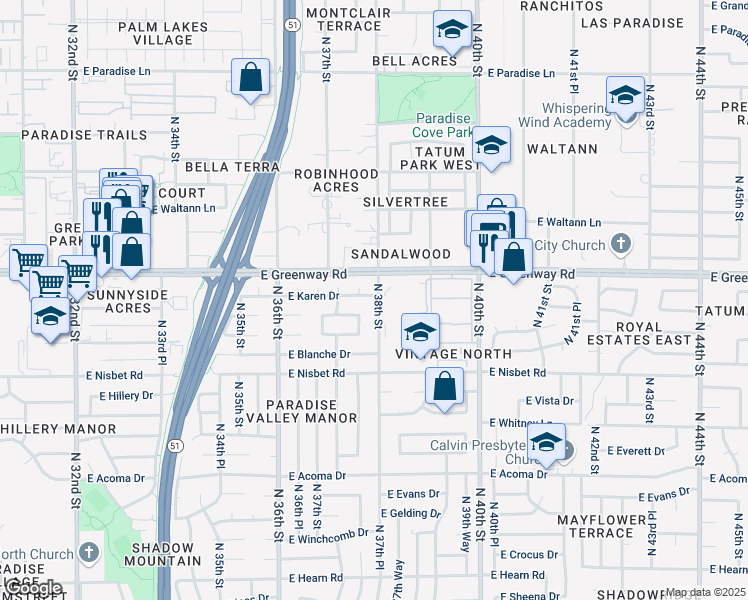 map of restaurants, bars, coffee shops, grocery stores, and more near 3755 East Karen Drive in Phoenix