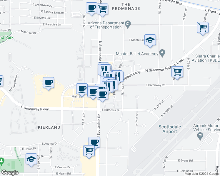 map of restaurants, bars, coffee shops, grocery stores, and more near 15323 North Scottsdale Road in Scottsdale