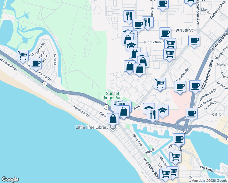map of restaurants, bars, coffee shops, grocery stores, and more near 17 Ima Loa Court in Newport Beach
