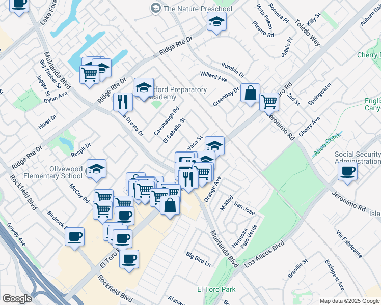 map of restaurants, bars, coffee shops, grocery stores, and more near 23162 La Vaca Street in Lake Forest