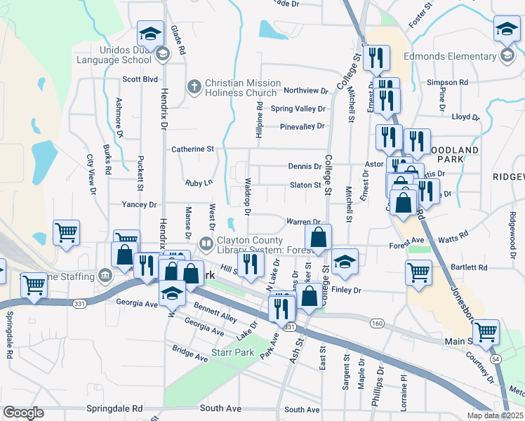 map of restaurants, bars, coffee shops, grocery stores, and more near 780 Warren Drive in Forest Park
