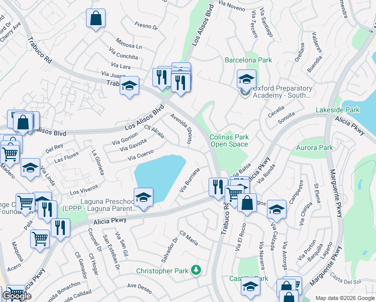 map of restaurants, bars, coffee shops, grocery stores, and more near 26781 Calle Alcala in Mission Viejo