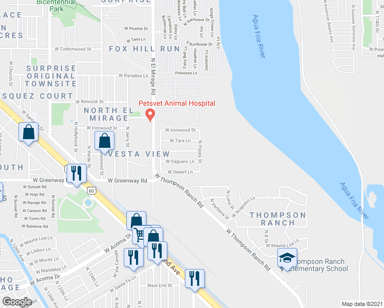map of restaurants, bars, coffee shops, grocery stores, and more near 12117 West Ocotillo Lane in El Mirage