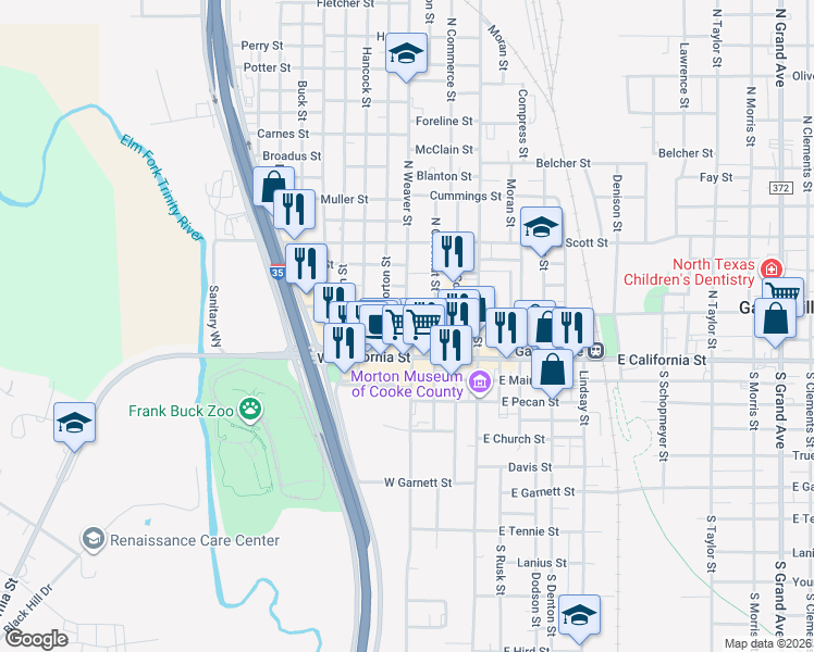 map of restaurants, bars, coffee shops, grocery stores, and more near 316 West Broadway Street in Gainesville