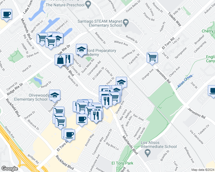 map of restaurants, bars, coffee shops, grocery stores, and more near 23162 La Vaca Street in Lake Forest