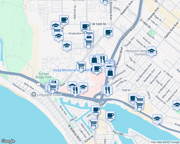 map of restaurants, bars, coffee shops, grocery stores, and more near 9 Hoag Road in Newport Beach
