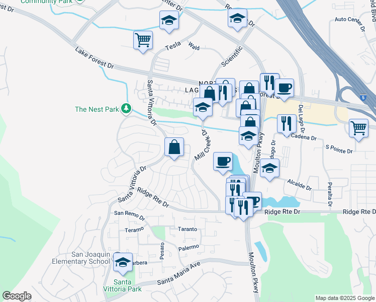 map of restaurants, bars, coffee shops, grocery stores, and more near 22531 Caminito Esteban in Laguna Hills