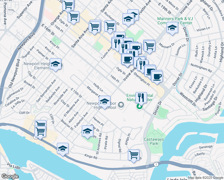 map of restaurants, bars, coffee shops, grocery stores, and more near 2206 Laurel Place in Newport Beach