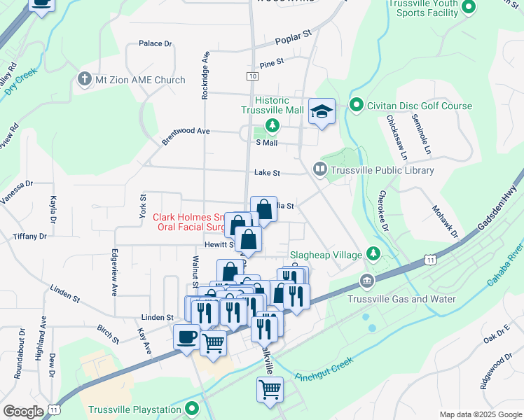 map of restaurants, bars, coffee shops, grocery stores, and more near 119 Magnolia Street in Trussville