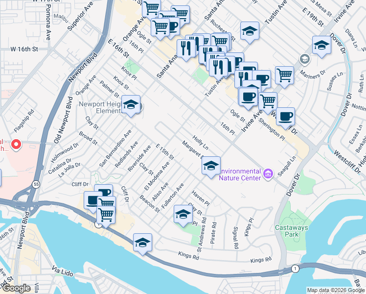 map of restaurants, bars, coffee shops, grocery stores, and more near 2427 Margaret Drive in Newport Beach