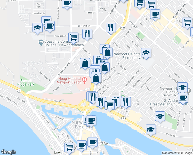 map of restaurants, bars, coffee shops, grocery stores, and more near 350 Old Newport Boulevard in Newport Beach