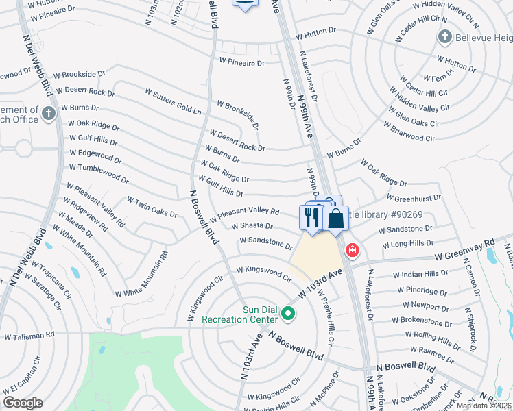 map of restaurants, bars, coffee shops, grocery stores, and more near 10004 West Pleasant Valley Road in Sun City