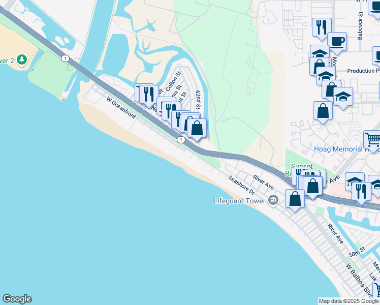 map of restaurants, bars, coffee shops, grocery stores, and more near 600 60th Street in Newport Beach