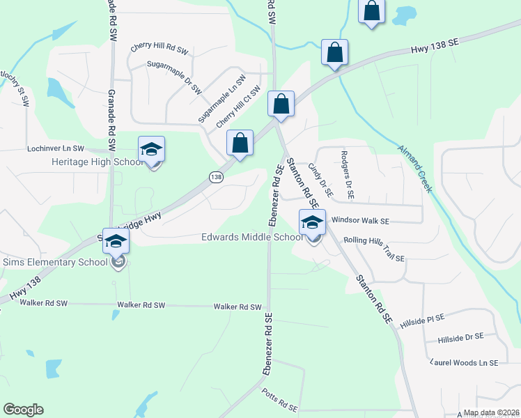 map of restaurants, bars, coffee shops, grocery stores, and more near 192 Old Mill Way Southwest in Conyers